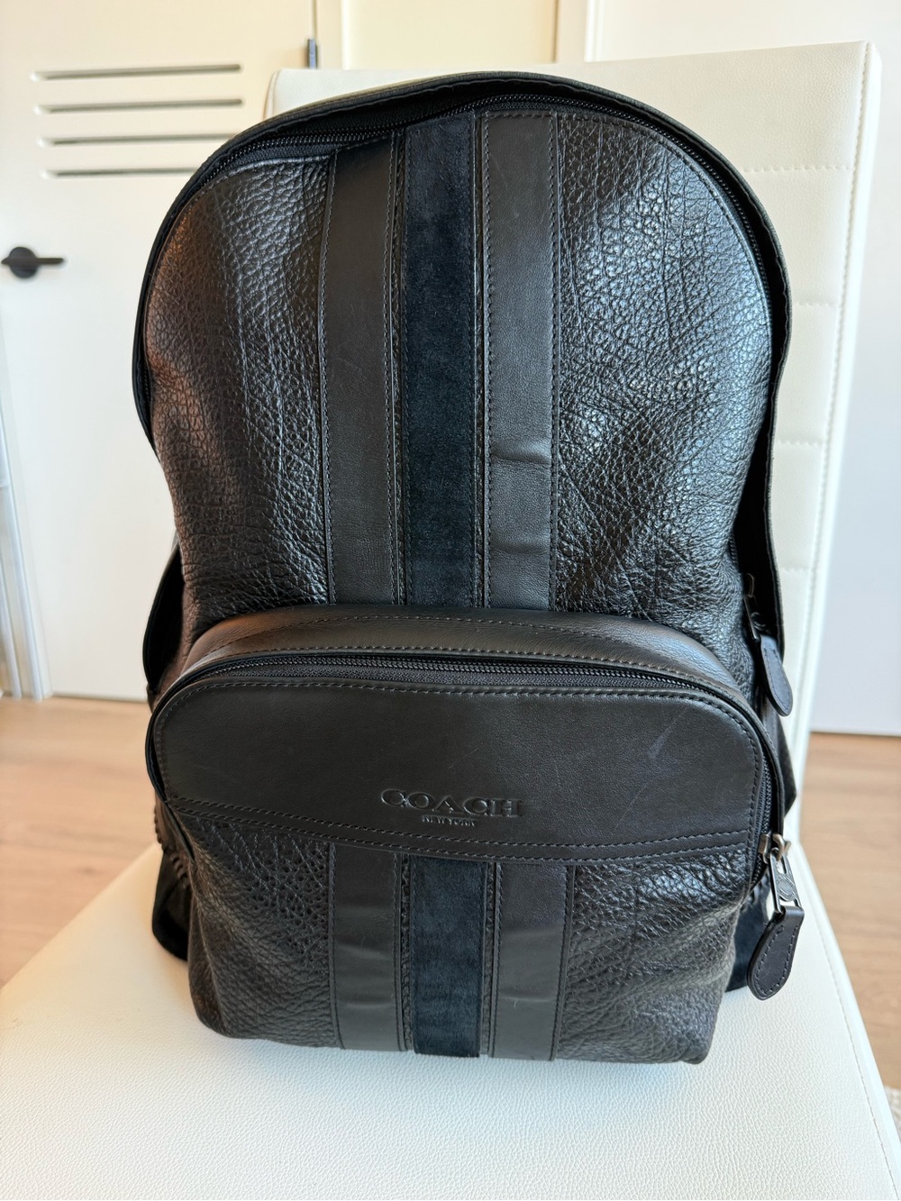Coach Charles Houston Varsity Black Leather Backpack Baseball Stitch F49334